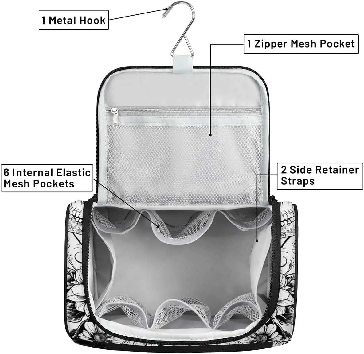 Black White Skull Skeleton Travel Toiletry Bag for Men and Women, Large Hanging Makeup Bag Organizer Toiletries Bag for Travel, Cosmetic Bag with Handle