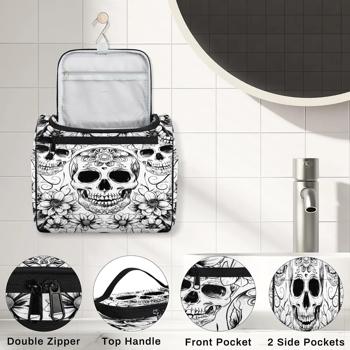 Black White Skull Skeleton Travel Toiletry Bag for Men and Women, Large Hanging Makeup Bag Organizer Toiletries Bag for Travel, Cosmetic Bag with Handle