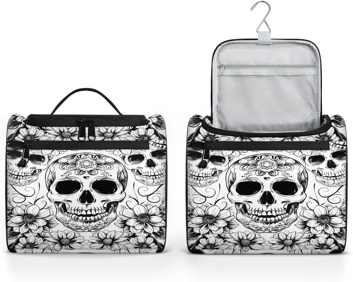 Black White Skull Skeleton Travel Toiletry Bag for Men and Women, Large Hanging Makeup Bag Organizer Toiletries Bag for Travel, Cosmetic Bag with Handle