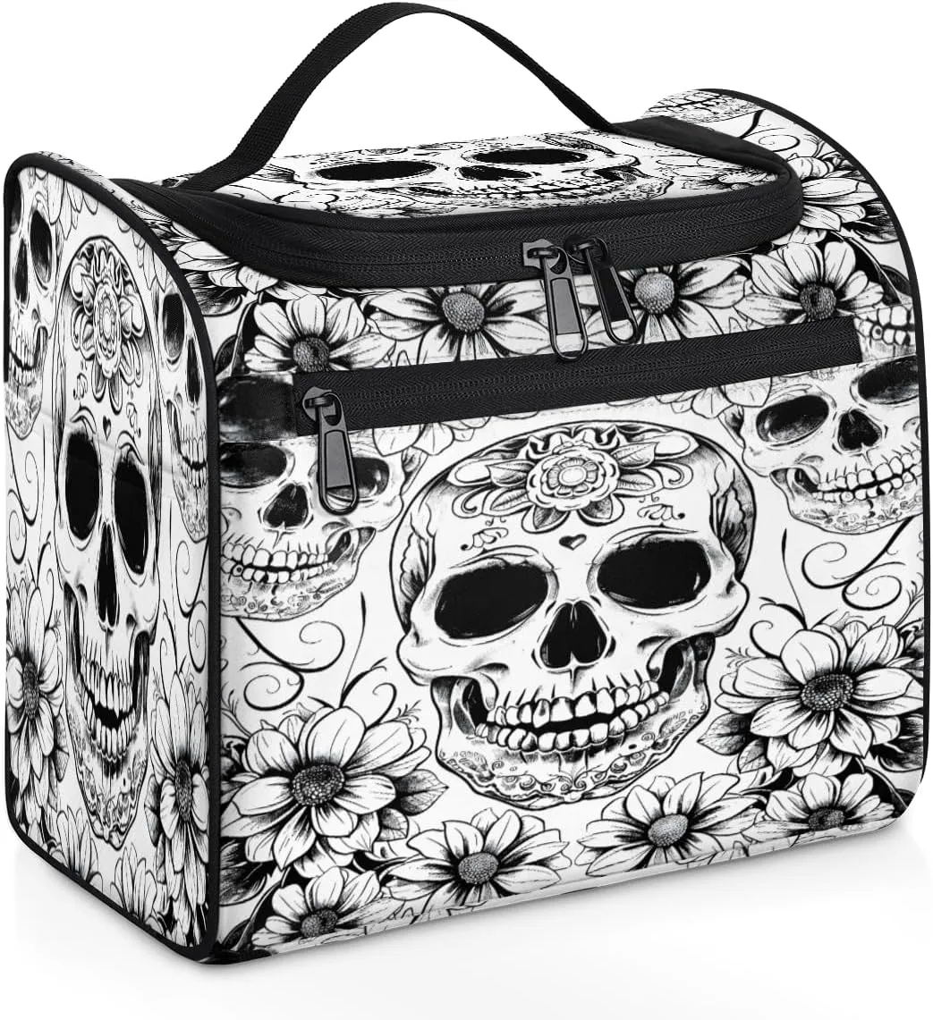 Black White Skull Skeleton Travel Toiletry Bag for Men and Women, Large Hanging Makeup Bag Organizer Toiletries Bag for Travel, Cosmetic Bag with Handle