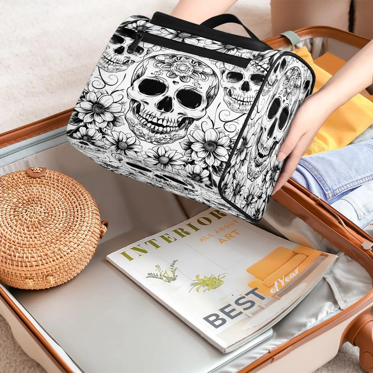 Black White Skull Skeleton Travel Toiletry Bag for Men and Women, Large Hanging Makeup Bag Organizer Toiletries Bag for Travel, Cosmetic Bag with Handle