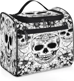 Black White Skull Skeleton Travel Toiletry Bag for Men and Women, Large Hanging Makeup Bag Organizer Toiletries Bag for Travel, Cosmetic Bag with Handle