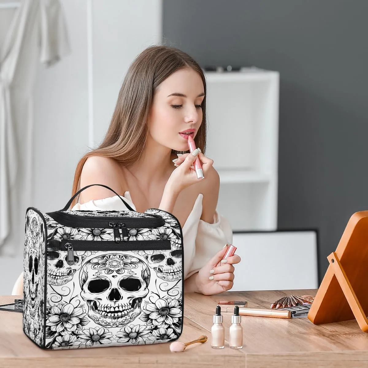 Black White Skull Skeleton Travel Toiletry Bag for Men and Women, Large Hanging Makeup Bag Organizer Toiletries Bag for Travel, Cosmetic Bag with Handle