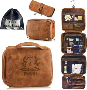 Bleggeit 3-in-1 Large Personalized PU Leather Toiletry Bag For Men, Custom Groomsmen Gifts Hanging Travel Organizer Bag, Laser Engraved Name Monogram Shaving Kit Gift For Him Husband Father Dad Dop