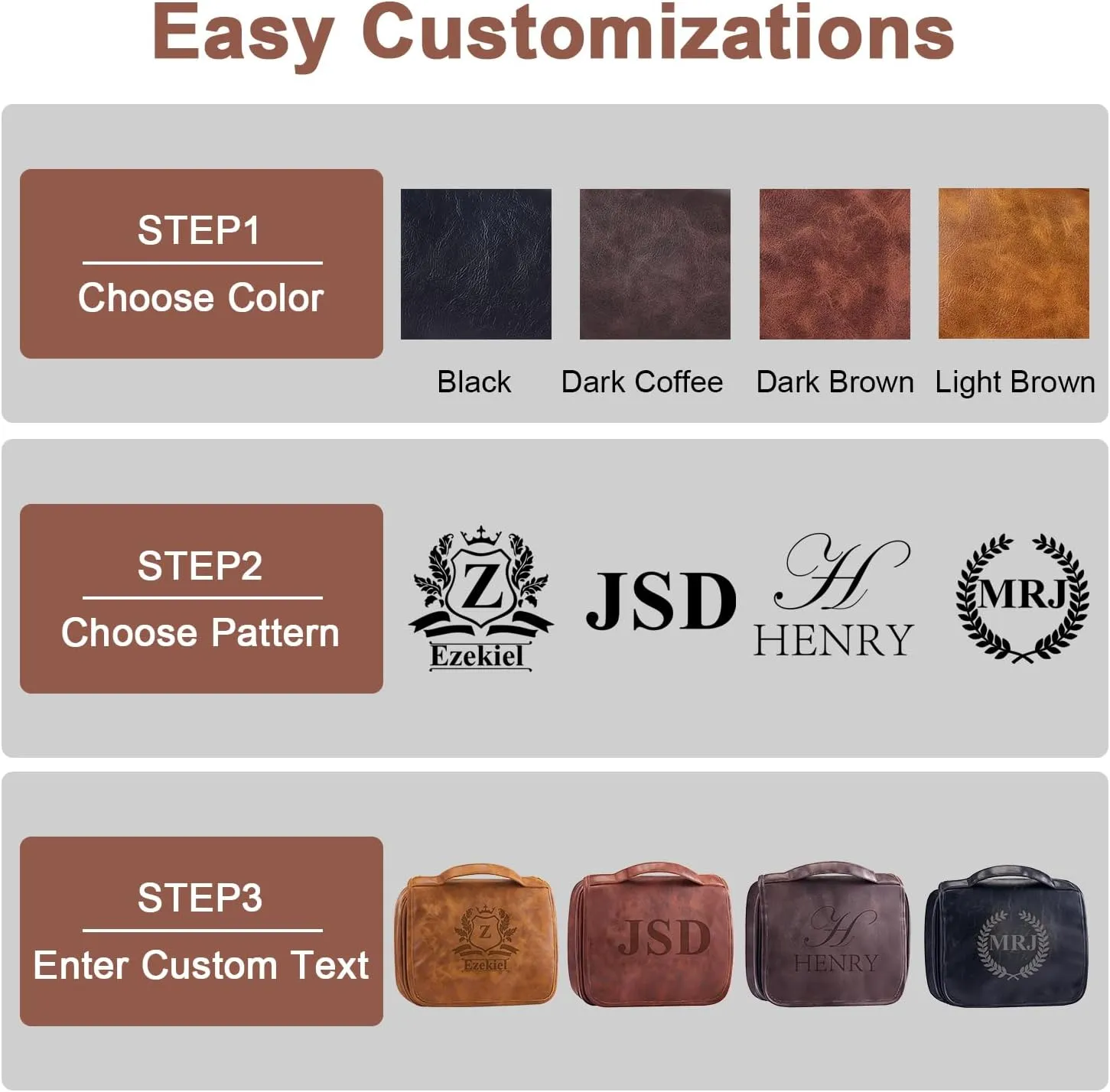 Bleggeit 3-in-1 Large Personalized PU Leather Toiletry Bag For Men, Custom Groomsmen Gifts Hanging Travel Organizer Bag, Laser Engraved Name Monogram Shaving Kit Gift For Him Husband Father Dad Dop