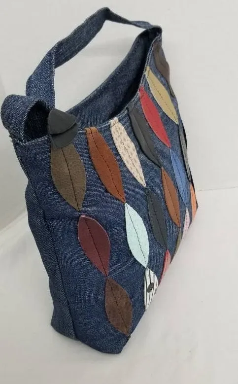 Blue Denim Crossbody Handbag for all!Moonbag,Gift for Mom,her,girls.Denim with multi color Leather design Purses Light weigh.