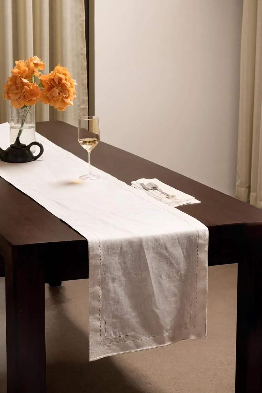 BLUE FLOWER CO Linen Table Runner 14 x 72 Inch 100% Pure Linen Classic Hemstitch Dining Table Runner Solid Double Hemstitch Table Runner 72 Inches Long for Wedding, Spring, Parties - Ecru White