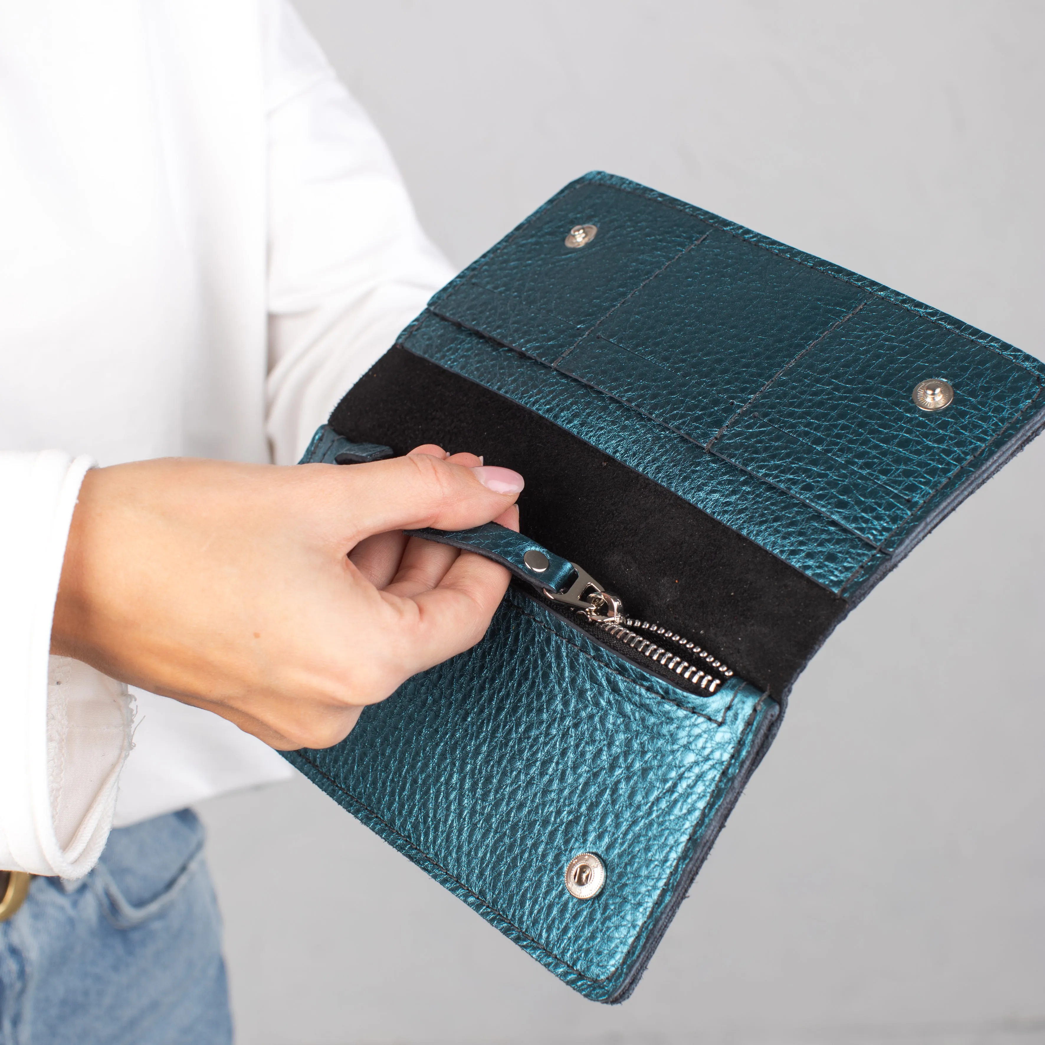Blue metallic pebble leather