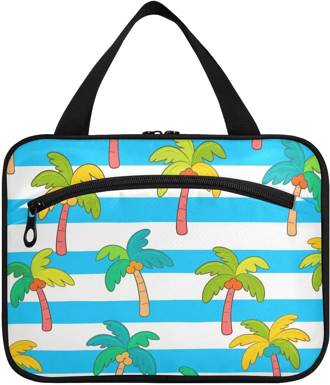 Blue White Striped Coconut Palm hanging hanging travel toiletry bag with hook, designer chic toiletry kit for travel essentials for women hotel bolso de mano para hombre L