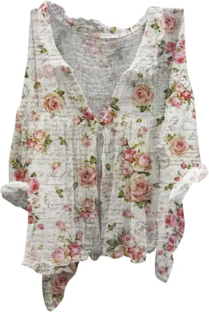 Boho Floral Blouses for Women Babydoll Linen Shirts 2025 Casual Summer 3/4 Sleeve V-Neck Button Down Peasant Tops