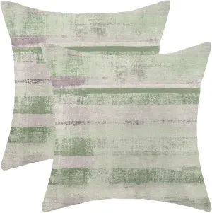 Boho Green Grey Stripe Throw Pillow Covers 18x18 Inch Set of 2, Rustic Abstract Decorative Throw Pillow Covers Retro Stripe Linen Outdoor Cushion Cover for Sofa Couch Farmhouse Room Bed Decor