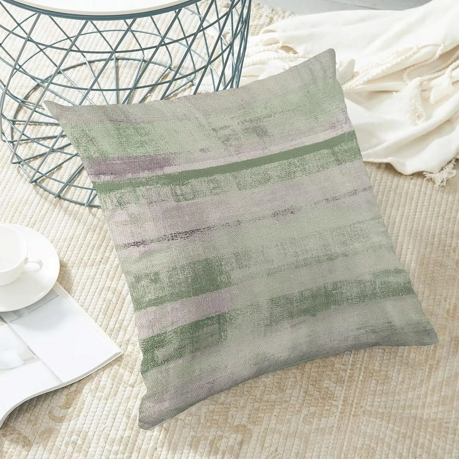 Boho Green Grey Stripe Throw Pillow Covers 18x18 Inch Set of 2, Rustic Abstract Decorative Throw Pillow Covers Retro Stripe Linen Outdoor Cushion Cover for Sofa Couch Farmhouse Room Bed Decor