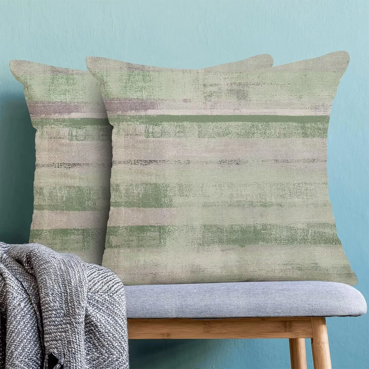 Boho Green Grey Stripe Throw Pillow Covers 18x18 Inch Set of 2, Rustic Abstract Decorative Throw Pillow Covers Retro Stripe Linen Outdoor Cushion Cover for Sofa Couch Farmhouse Room Bed Decor