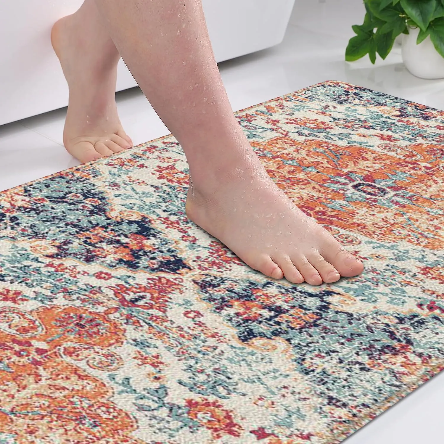Boho Style Bathroom Rugs Farmhouse Bohemia Bath Mat Non-Slip Water Absorbent Bath Rug Soft Microfiber Floor Mats for Bathroom Tub and Shower Room 17x47 inch Orange