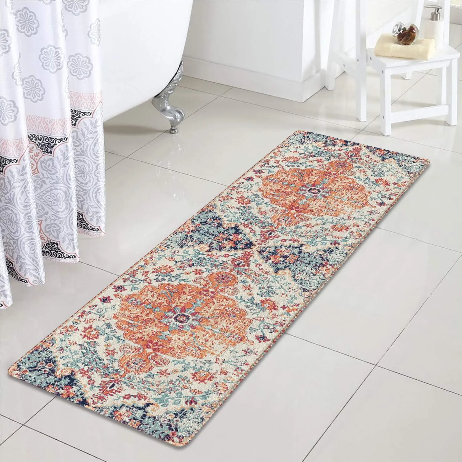 Boho Style Bathroom Rugs Farmhouse Bohemia Bath Mat Non-Slip Water Absorbent Bath Rug Soft Microfiber Floor Mats for Bathroom Tub and Shower Room 17x47 inch Orange