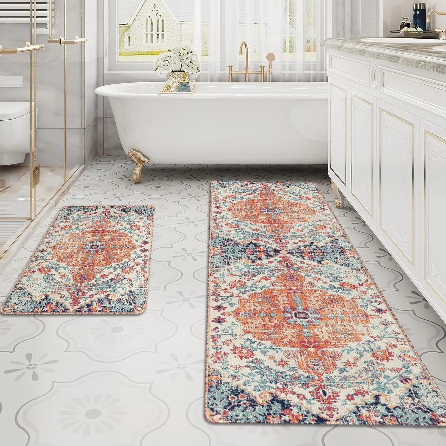 Boho Style Bathroom Rugs Farmhouse Bohemia Bath Mat Non-Slip Water Absorbent Bath Rug Soft Microfiber Floor Mats for Bathroom Tub and Shower Room 17x47 inch Orange