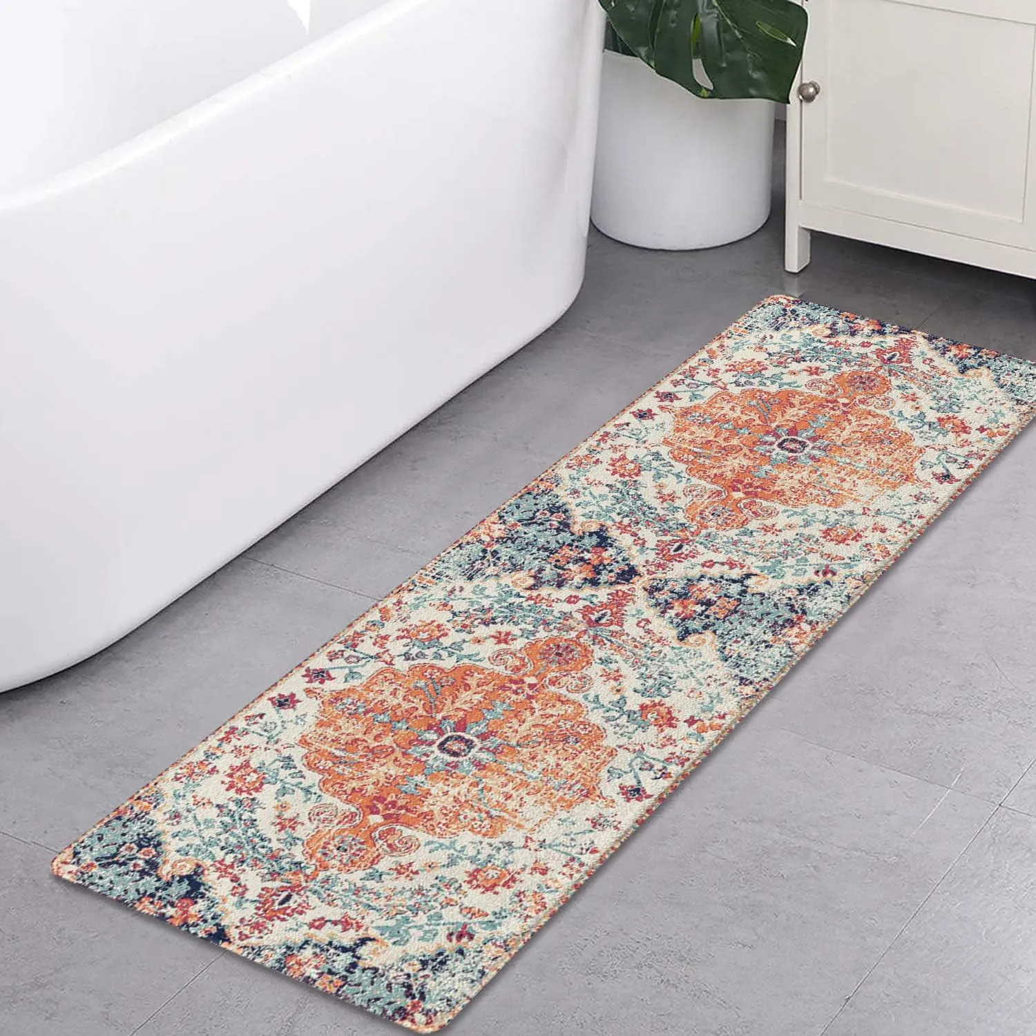 Boho Style Bathroom Rugs Farmhouse Bohemia Bath Mat Non-Slip Water Absorbent Bath Rug Soft Microfiber Floor Mats for Bathroom Tub and Shower Room 17x47 inch Orange