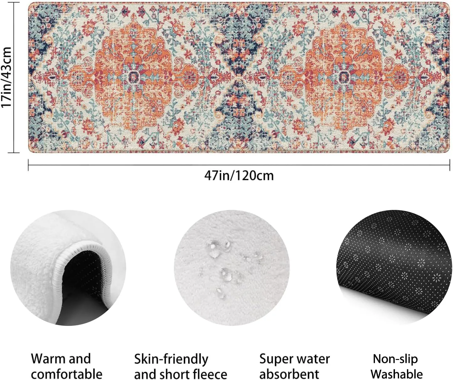 Boho Style Bathroom Rugs Farmhouse Bohemia Bath Mat Non-Slip Water Absorbent Bath Rug Soft Microfiber Floor Mats for Bathroom Tub and Shower Room 17x47 inch Orange