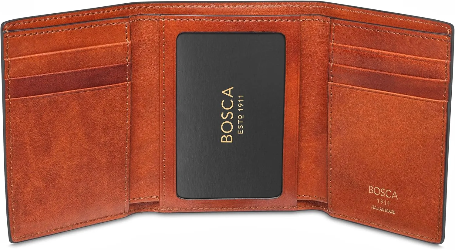 Bosca Dolce Leather Italia Double I.D. Trifold Wallet for Men with Multiple Card Slots and Cash Well Genuine Italian Leather Men's Wallet Amber