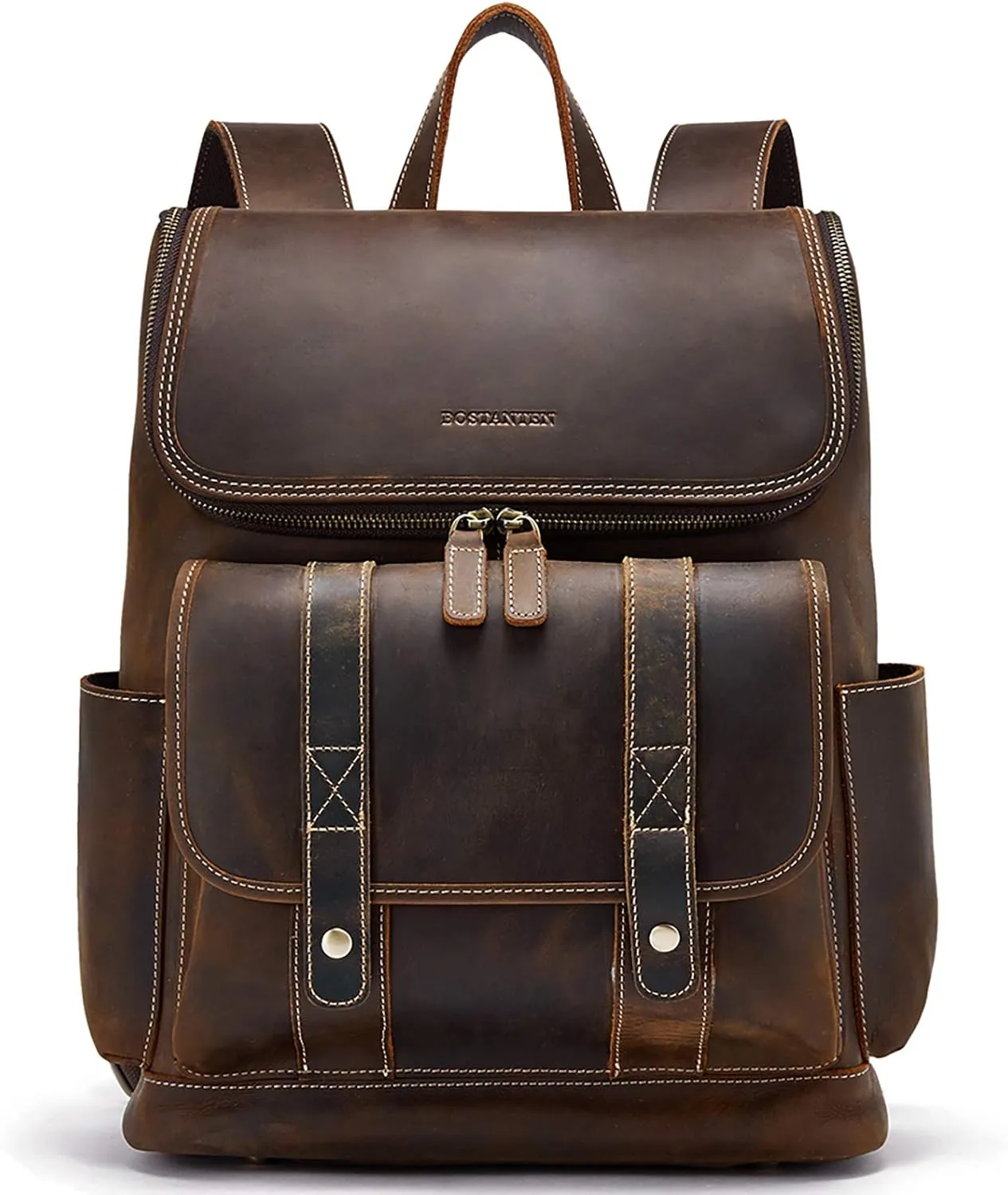 BOSTANTEN Leather Backpack for Men 15.6 inch Laptop Backpack Vintage Travel Office Bag Large Capacity Shoulder Bag Coffee