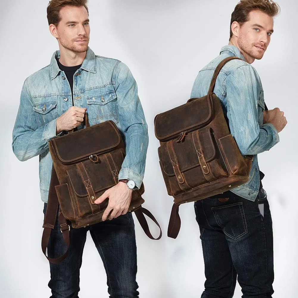BOSTANTEN Leather Backpack for Men 15.6 inch Laptop Backpack Vintage Travel Office Bag Large Capacity Shoulder Bag Coffee