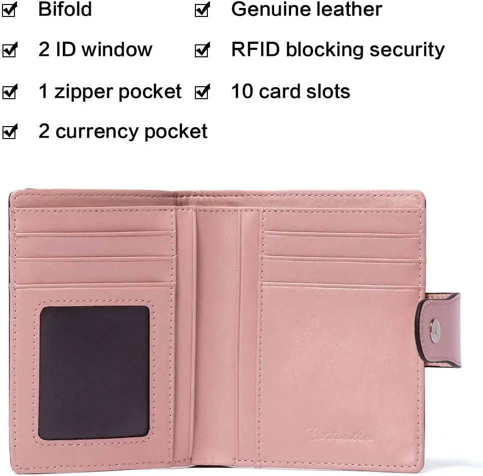 BOSTANTEN Women Leather Wallet RFID Blocking Small Bifold Zipper Pocket Wallet Card Case Purse with ID Window