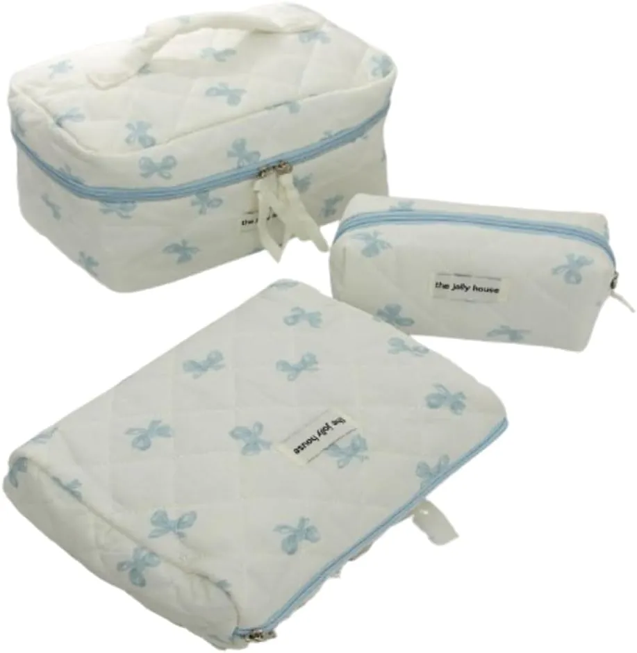 Bow Aesthetic Bag Y2k Cosmetic Bag for Purse Coquette Aesthetic Cute Makeup Bag Make Up Bag Set (Blue Bow-2)