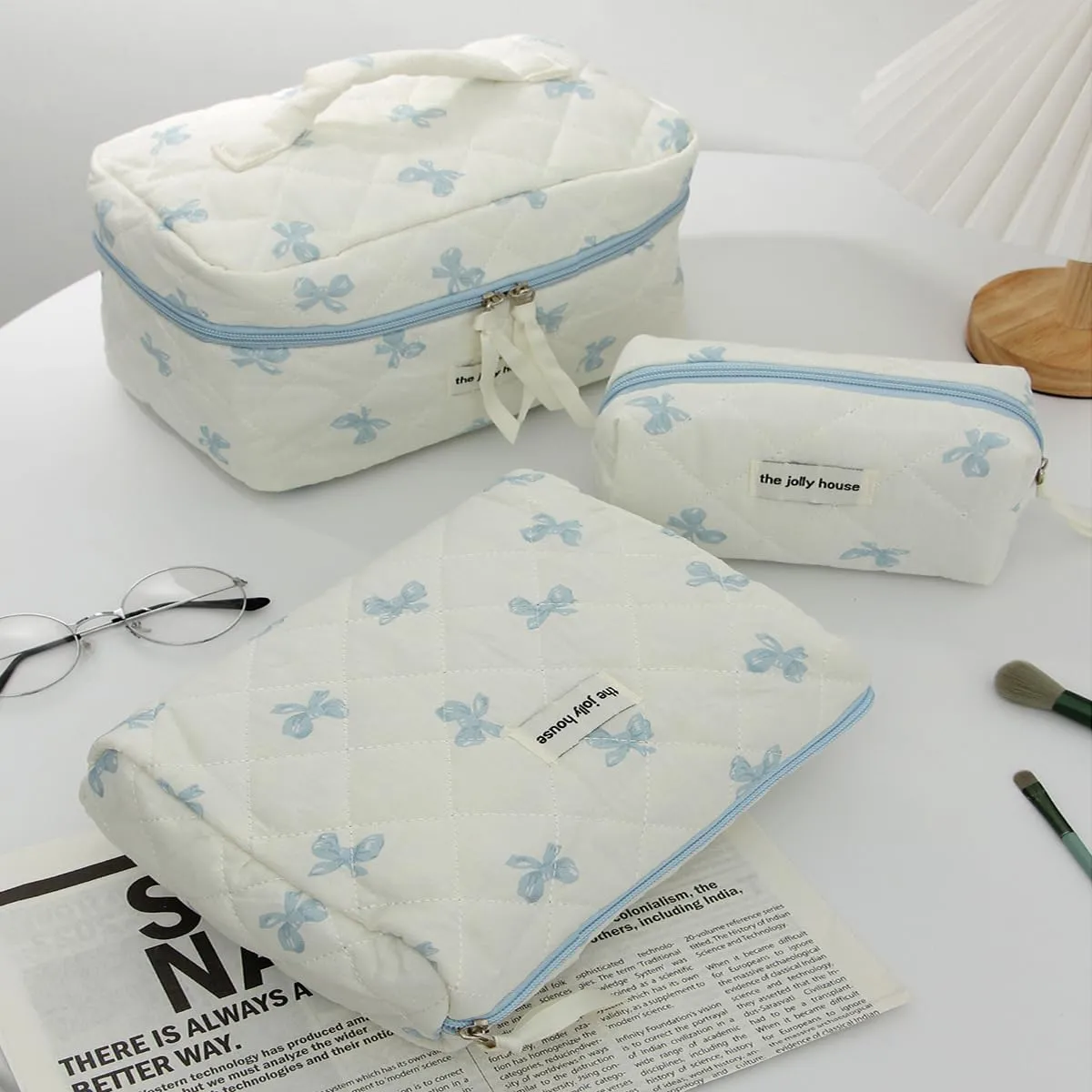 Bow Aesthetic Bag Y2k Cosmetic Bag for Purse Coquette Aesthetic Cute Makeup Bag Make Up Bag Set (Blue Bow-2)