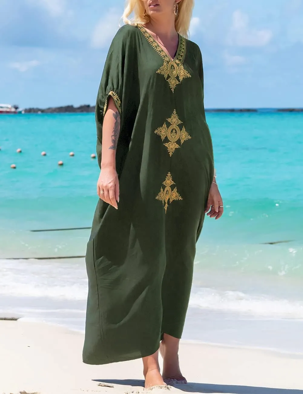 Bsubseach Gold Embroidery Long Kaftan Dresses V Neck Caftan Dress Beach Cover Ups for Women Embroidery