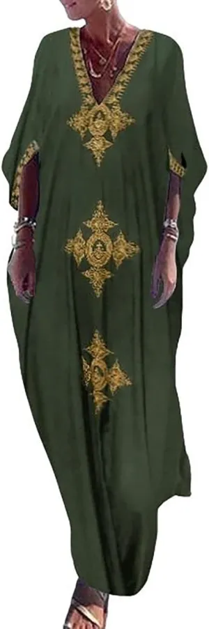 Bsubseach Gold Embroidery Long Kaftan Dresses V Neck Caftan Dress Beach Cover Ups for Women Embroidery