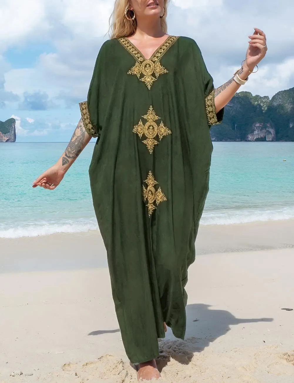 Bsubseach Gold Embroidery Long Kaftan Dresses V Neck Caftan Dress Beach Cover Ups for Women Embroidery