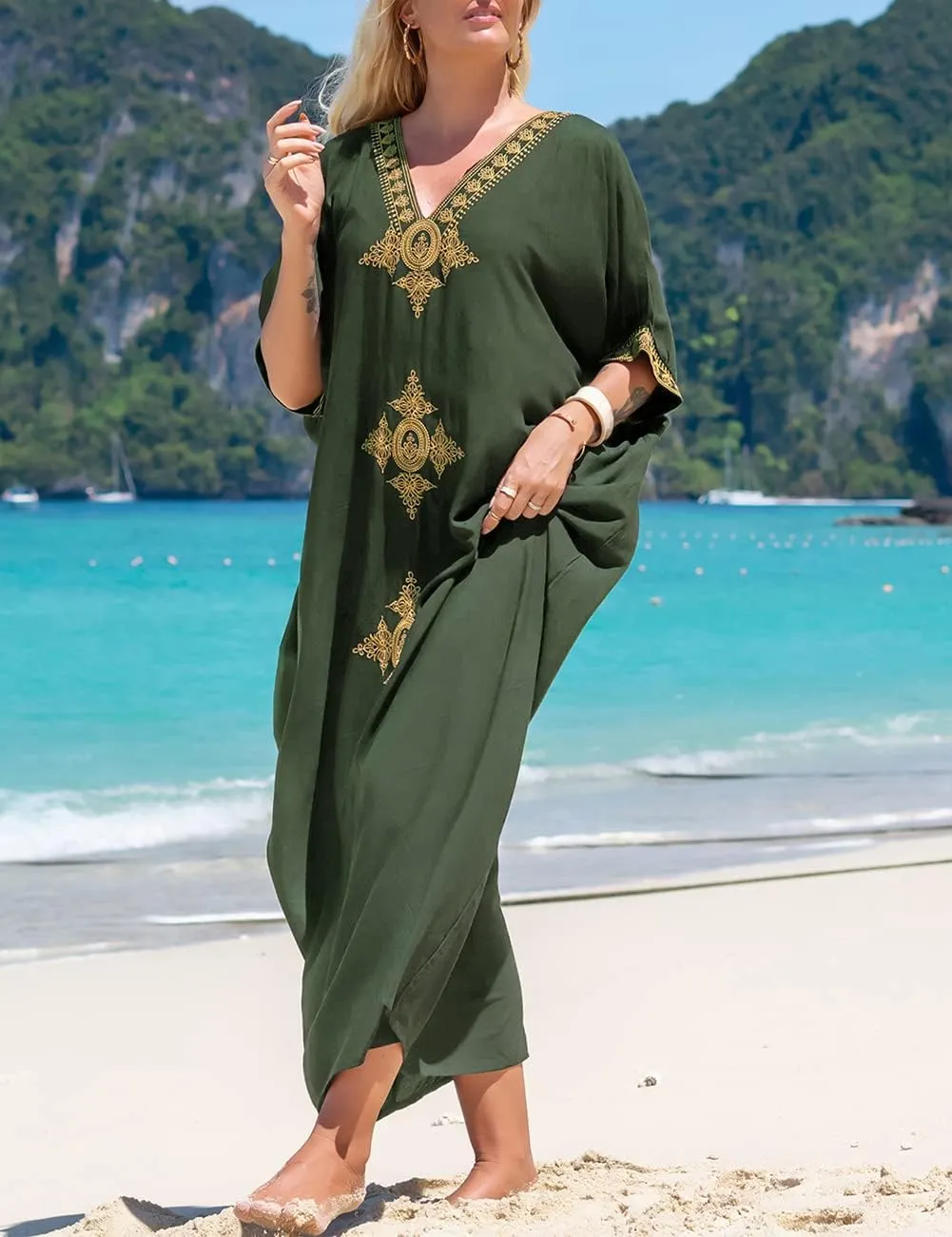 Bsubseach Gold Embroidery Long Kaftan Dresses V Neck Caftan Dress Beach Cover Ups for Women Embroidery