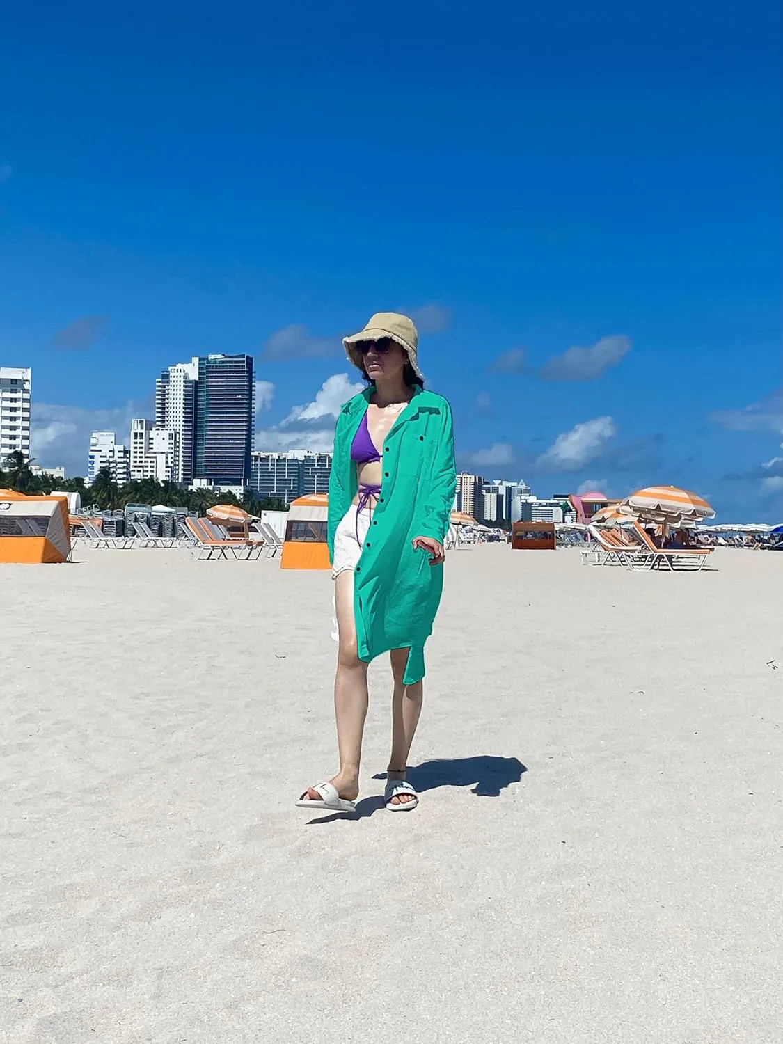Bsubseach Womens Long Sleeve Linen Swimsuit Cover Up Button Down Beach Cover Ups Summer Swim Shirt Dresses