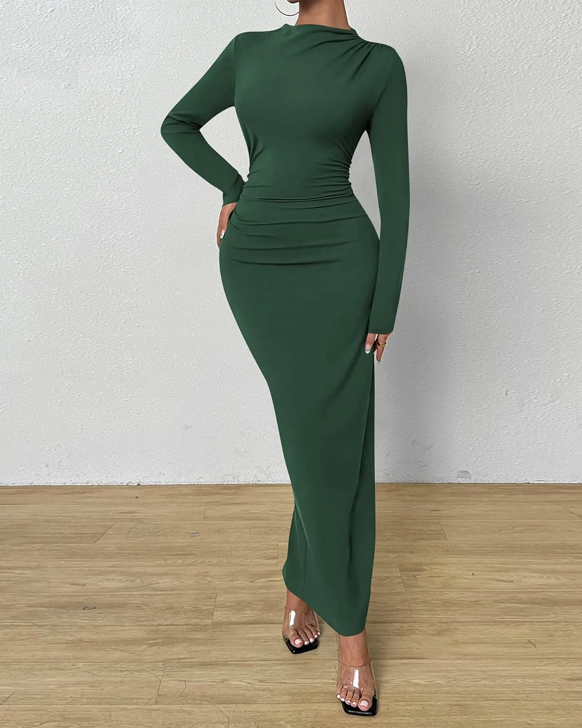 BTFBM Women Bodycon Maxi Dress Long Sleeve Back Slit Ruched Elegant Party Cocktail Formal Spring Wedding Guest Dresses