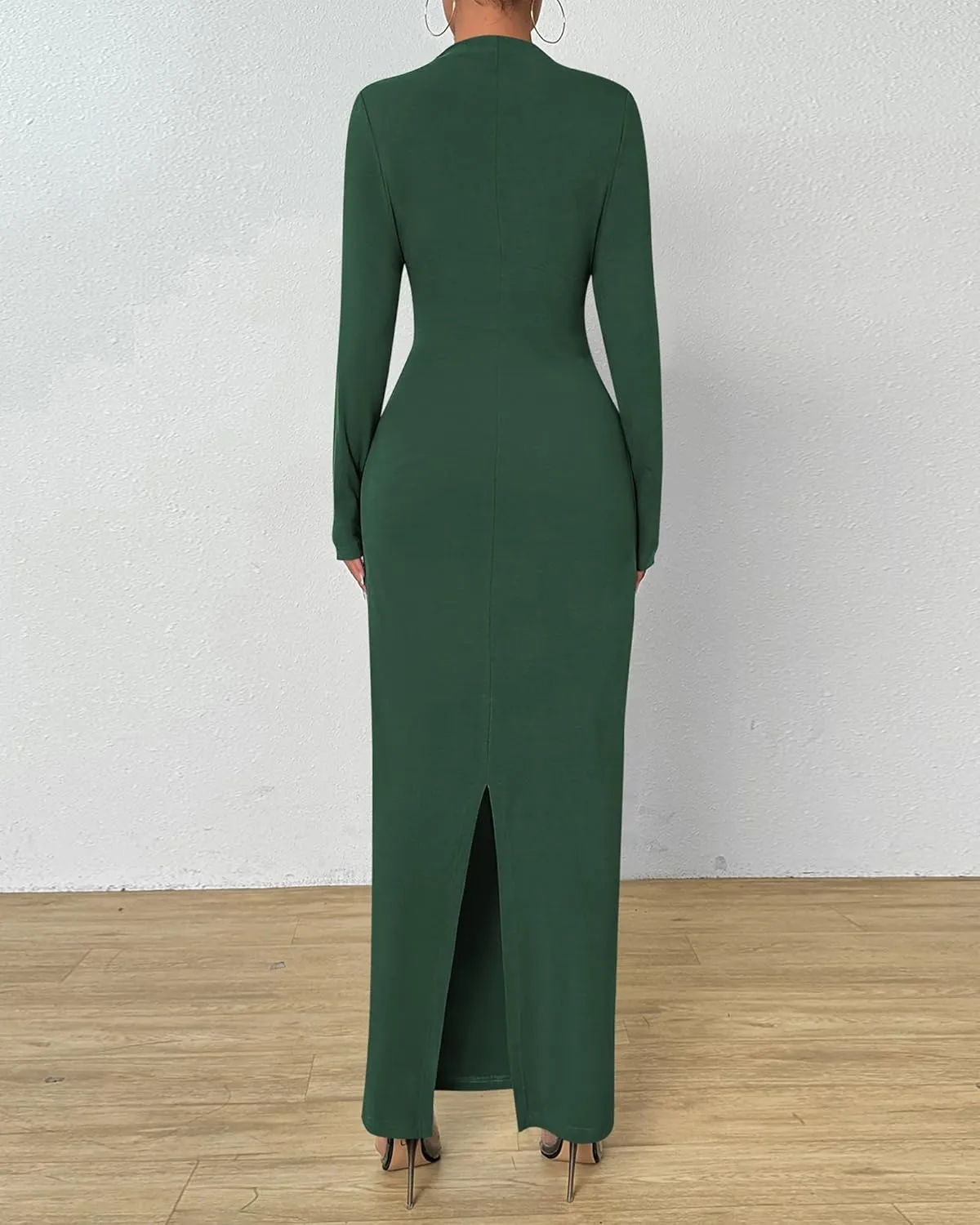 BTFBM Women Bodycon Maxi Dress Long Sleeve Back Slit Ruched Elegant Party Cocktail Formal Spring Wedding Guest Dresses