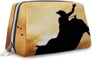 Bull Rider,Large Capacity Travel Leather Cosmetic Bag,Bull Rider At Sunset Dramatic,Multifunctional Storage Makeup Bag for Women,Black Orange,M