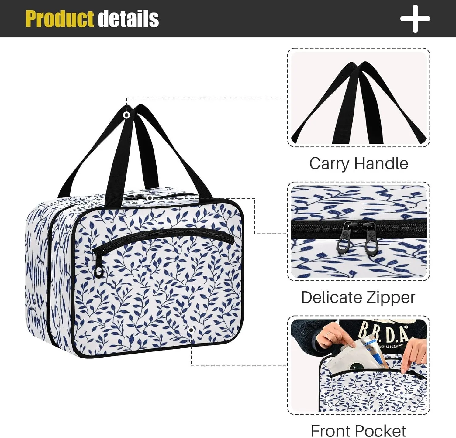 Burbuja Blue Twig Travel Toiletry Bag for Women, Hanging Waterproof Toiletry Bag Cosmetic Organizer for Toiletries Accessories, M