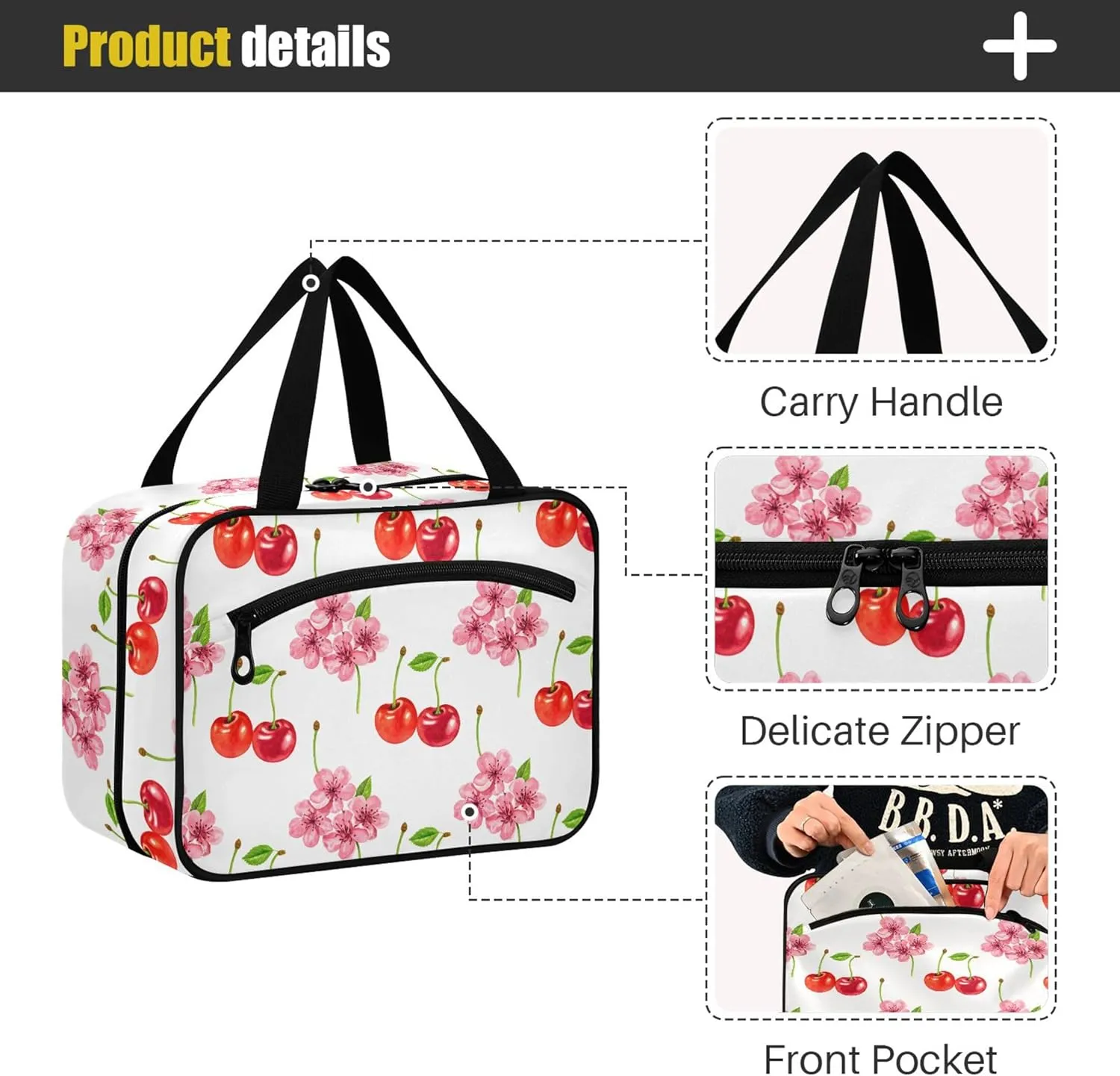 Burbuja Cherry Flower Hanging Travel Toiletry Bag with Hook, Waterproof Toiletry Bag Cosmetic Organizer for Toiletries Bathroom for Women, L