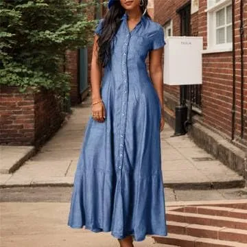 Button Down Denim Shirt Dress for Women Vintage Casual Lapel Collared Solid Jean Dresses with Pockets