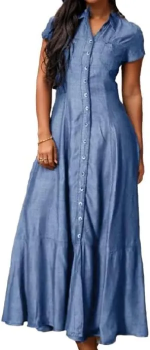 Button Down Denim Shirt Dress for Women Vintage Casual Lapel Collared Solid Jean Dresses with Pockets