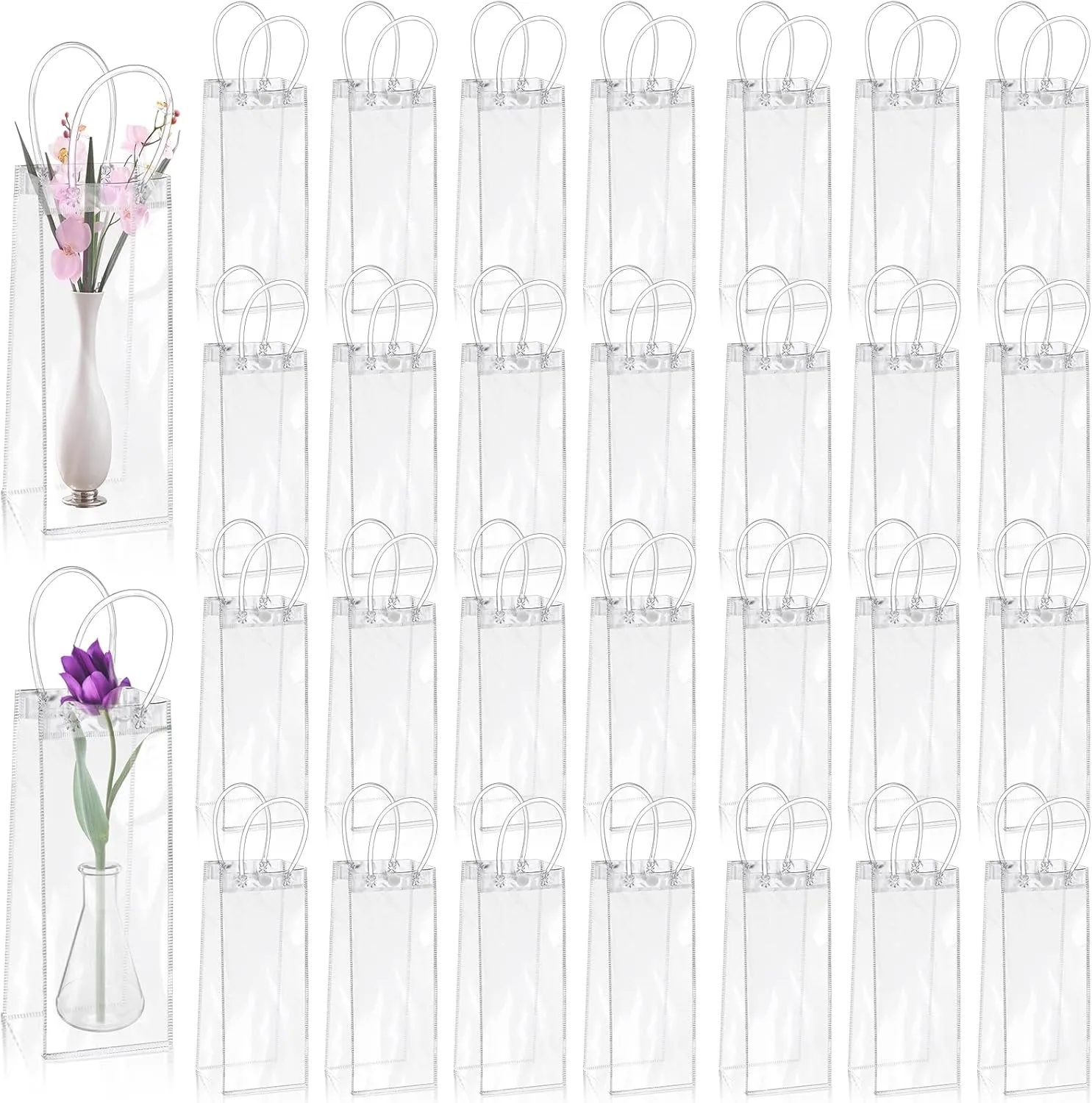 CACASO 50PCs PVC Gift Bags with Handle, Transparent Wrap Totes for Shopping & Parties (3.7"x9.3"x3.4")