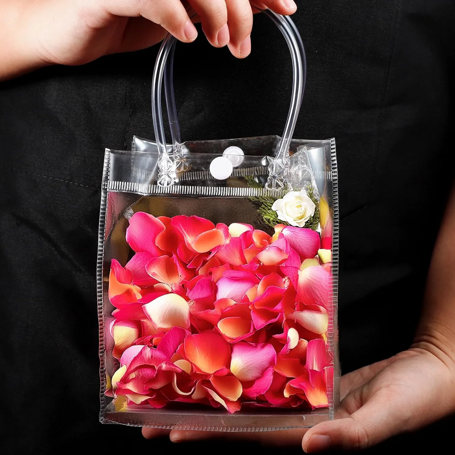 CACASO 50PCs PVC Gift Bags with Handle, Transparent Wrap Totes for Shopping & Parties (3.7"x9.3"x3.4")