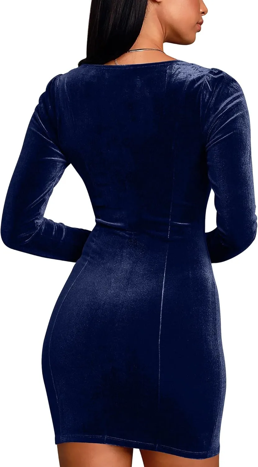 cailami Women's Sexy Bodycon Long Sleeve Velvet Elegant Mini Homecoming Party Dresses
