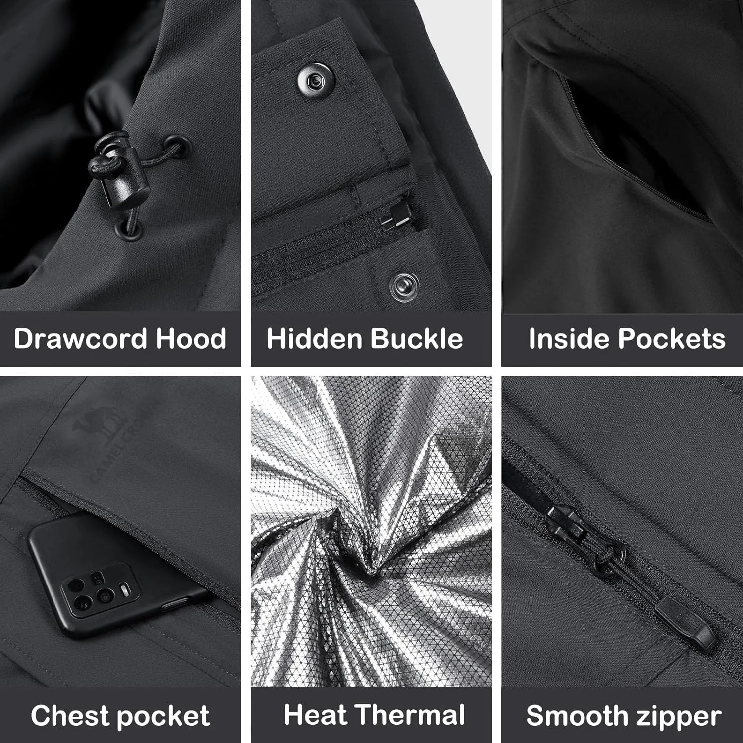 CAMEL CROWN Men's Winter Coat Waterproof Ski Jacket Hooded Windbreaker with Thermal Insulated for Snow Rain Hiking Outdoor