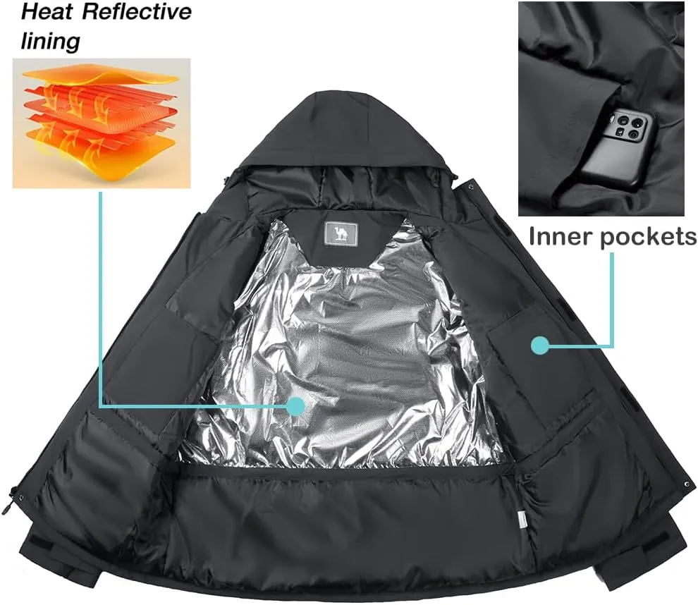 CAMEL CROWN Men's Winter Coat Waterproof Ski Jacket Hooded Windbreaker with Thermal Insulated for Snow Rain Hiking Outdoor