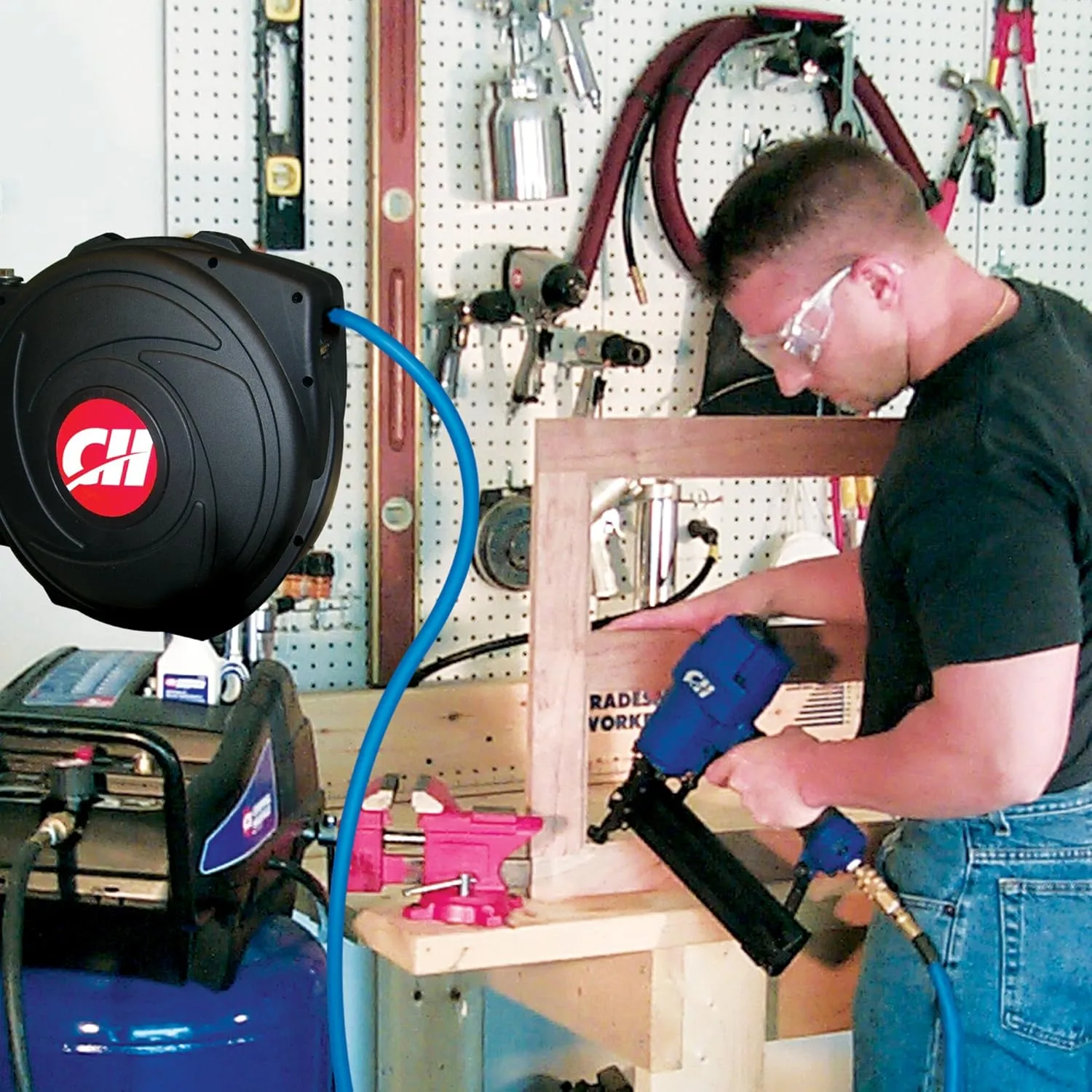 CAMPBELL HAUSFELD 3/8 in. x 50 ft. Enclosed Retractable Hose Reel, Durable PVC, High Volume Air Flow, Air Compressor Hose Reel with Air Hose, Ideal for Professional and Home Use
