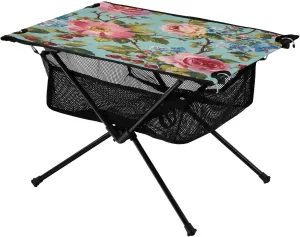 Camping Table Lightweight Portable Folding Table with Mesh Storage Net Flower Ethnic Style Floral Blue Ideal for Camping Hiking Beach Picnic Travel Backyard