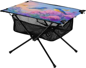 Camping Table Lightweight Portable Folding Table with Mesh Storage Net Flower Two Blue Yellow Birds Ideal for Camping Hiking Beach Picnic Travel Backyard