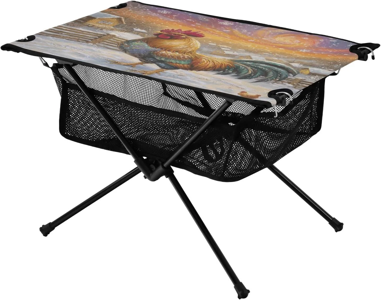 Camping Table Lightweight Portable Folding Table with Mesh Storage Net Rooster Chicken Snow Ideal for Camping Hiking Beach Picnic Travel Backyard