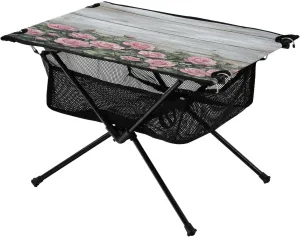 Camping Table Lightweight Portable Folding Table with Mesh Storage Net Wood Grain Rose Flower Ideal for Camping Hiking Beach Picnic Travel Backyard